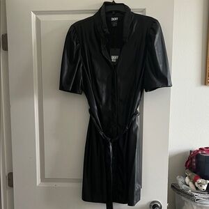 DKNY Black Short Sleeve Dress- Faux Leather